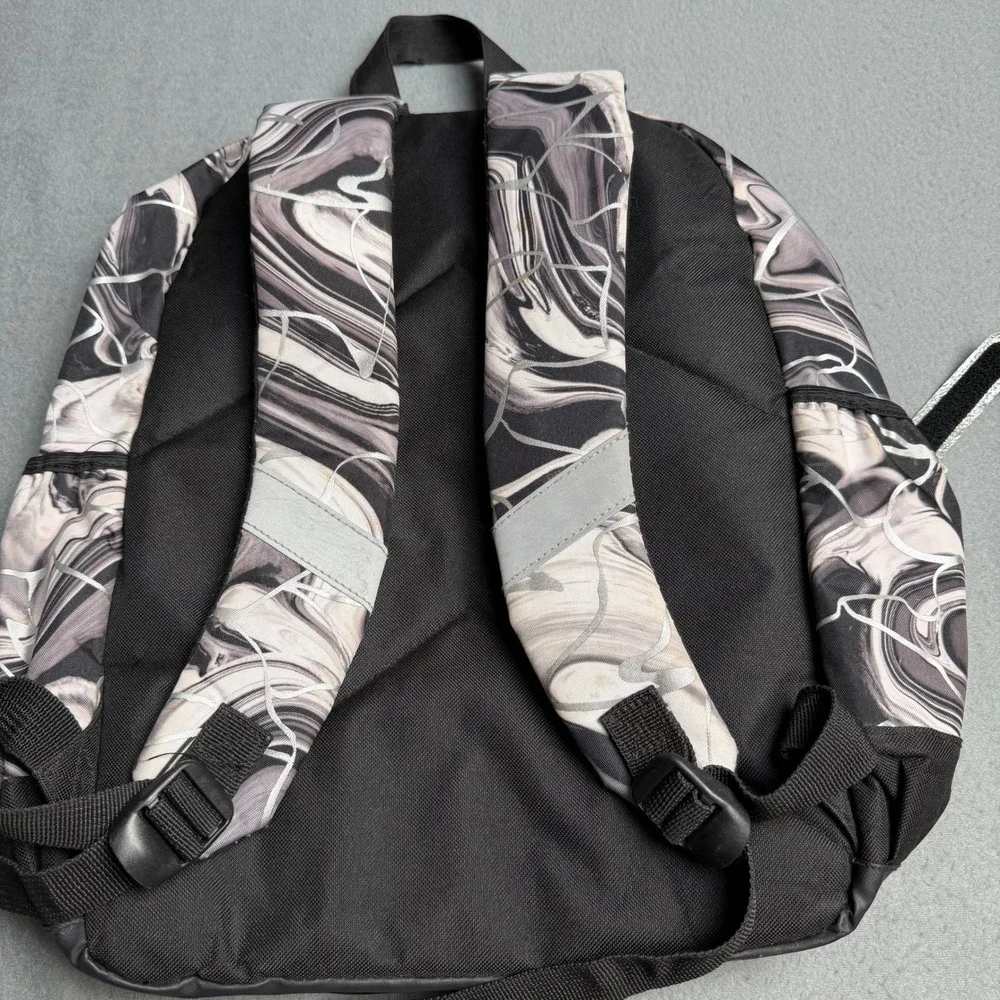 Justice Girls Black White Marble Swirl Backpack Silver Metallic Accents School